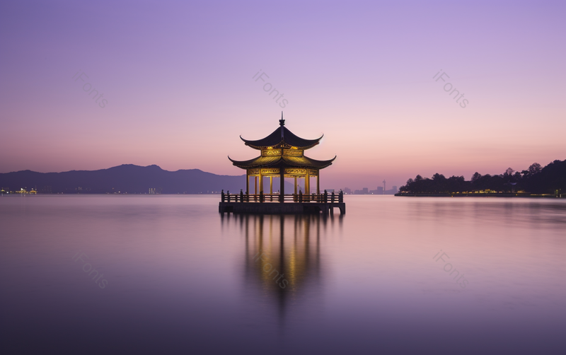 景区风景夕阳蓝紫西湖亭子倒影,高清,摄影图,摄影图片,图片大全,摄影图免费下载